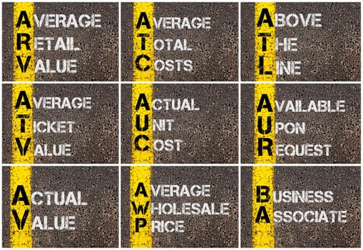 Photo collage of Business Acronyms written over road marking yellow paint line