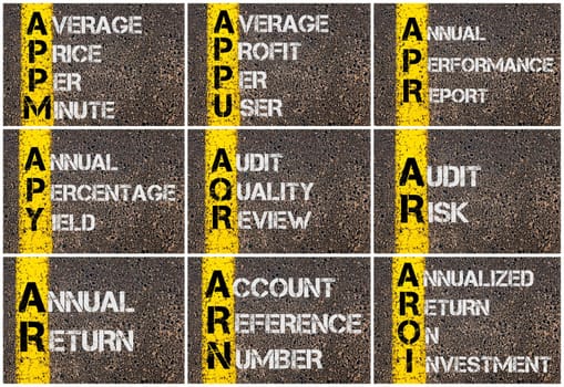 Photo collage of Business Acronyms written over road marking yellow paint line