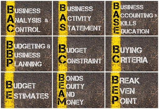 Photo collage of Business Acronyms written over road marking yellow paint line