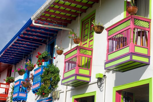 Brightly colored colonial balconies in Salento, Colombia