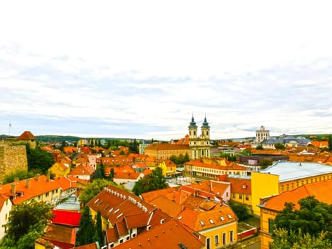 Panoramic view of Eger city and red roofs in Hungary