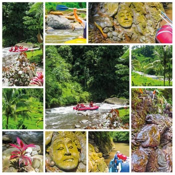 Rafting in the canyon on Balis mountain river at Indonesia. Collage