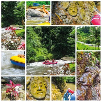Rafting in the canyon on Balis mountain river at Indonesia. Collage