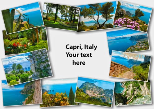 Collage from views of Capri, beautiful and famous island in the Mediterranean Sea Coast, Naples. Italy.
