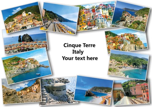 The collage of Cinque Terre photos in Italy