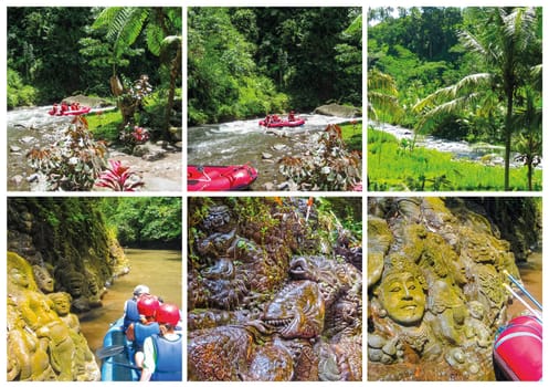 Rafting in the canyon on Balis mountain river at Indonesia. Collage
