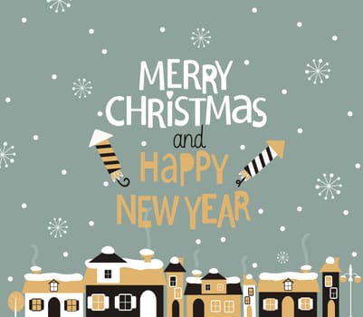 Winter town. Merry Christmas and Happy new year Greeting Card with lettering. Vector illustration.