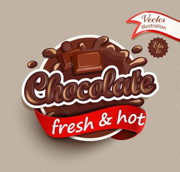 Vector illustration label of chocolate drops and blot with lettering . Sweet and stain and shape.