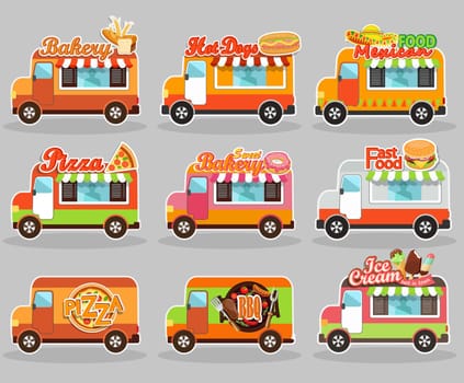 Set of vector illustrations food truck - ice cream, BBQ, sweet bakery, hot dog, pizza, mexican and fast food.