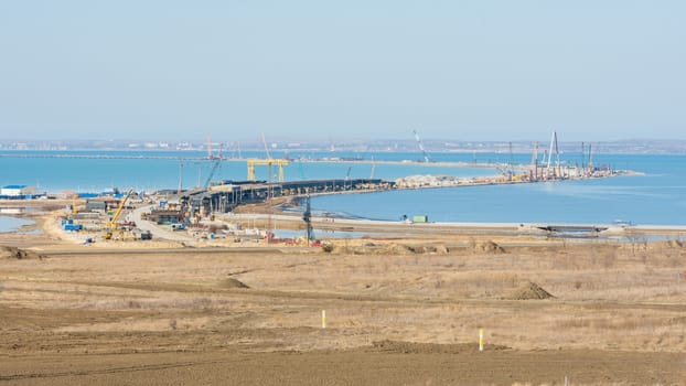 Taman, Russia - November 5, 2016: Construction of a bridge across the Kerch Strait, the overall building plan from the Taman Peninsula, as of November 2016