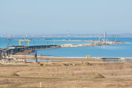 Taman, Russia - November 5, 2016: Construction of a bridge across the Kerch Strait, view the construction of the part of the Taman peninsula, as of November 2016