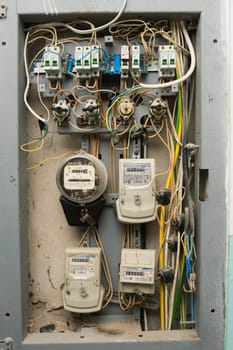 Volgograd, Russia - October 10, 2016: Electrical panels with electricity meters, installed on the floor of a multistory apartment building