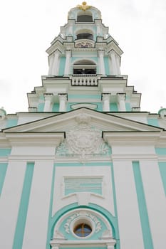 Sergiev Posad - August 10, 2015: Bottom view of the main entrance on the upper part of the bell tower of the Trinity-Sergius Lavra