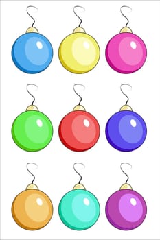 Illustration of nine Christmas balls of different colors