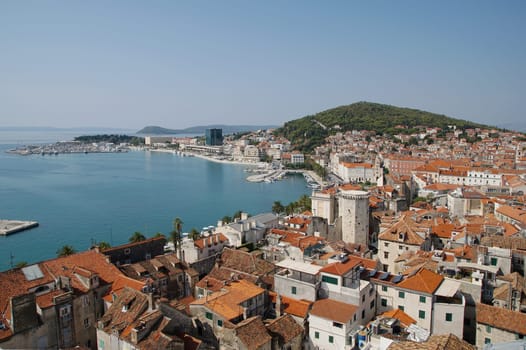 View from the top of the church tower to the harbour in Split