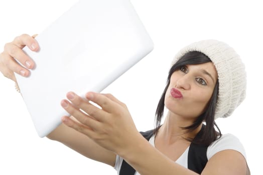 young brunette girl with computer tablet isolated on white background