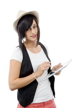 young brunette girl with computer tablet isolated on white background