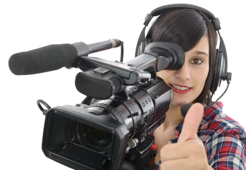 pretty young brunette girl with a professional camcorder, isolated on white background