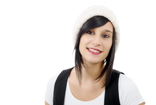 portrait of a pretty young brunette with winter hat isolated on white background