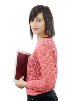 young brunette girl with computer tablet isolated on white background