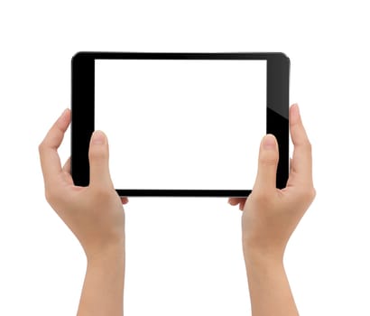close-up hand holding tablet, mock-up black digital tablet isolated on white with clipping path
