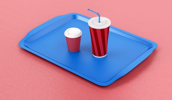 Plastic tray with coffee cup and soft drink on red table