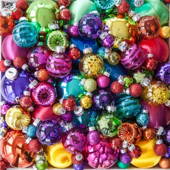 Various Christmas tree balls in bright colors for Christmas