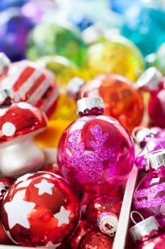 Various Christmas tree balls in bright colors for Christmas