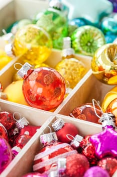 Various Christmas tree balls in bright colors for Christmas