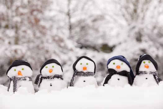 Five cute snowmen dressed for winter, all facing forward and sat on snow. Snowmen wearing hats and scarfs with carrot noses. Winter scene in the background with trees covered.