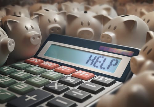 Solar calculator amid several piggy banks showing on the digital display the word "HELP"". 3D illustration with several concepts: Help finances, Help business, Help money, Help bank, Help Savings, etc."