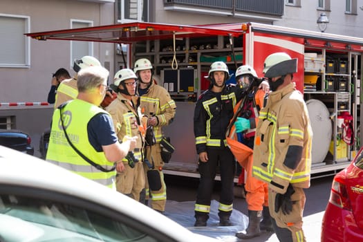 Berlin, Germany - Sept 19: Big coordinated intervention of paramedics, police, and firefighters when chemical accident happened in school in Kreuzberg on 19th of September ,2016 in Berlin, Germany.