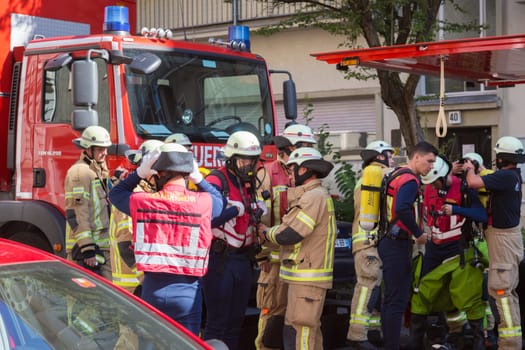 Berlin, Germany - Sept 19: Big coordinated intervention of paramedics, police, and firefighters when chemical accident happened in school in Kreuzberg on 19th of September ,2016 in Berlin, Germany.