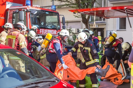 Berlin, Germany - Sept 19: Big coordinated intervention of paramedics, police, and firefighters when chemical accident happened in school in Kreuzberg on 19th of September ,2016 in Berlin, Germany.
