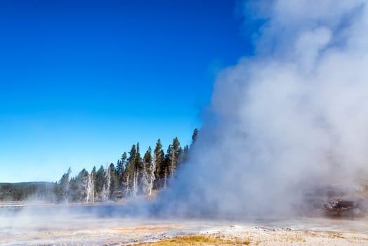 View of an eruption of Grand Geyser in Yellowstone National Park in Wyoming