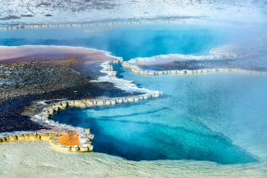 Beautiful clear blue pool in the Upper Geyser Basin in Yellowstone National Park
