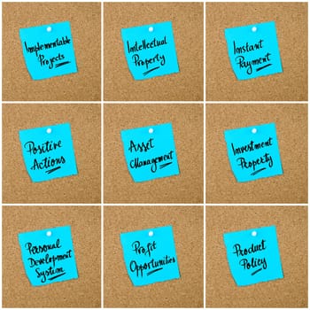 Collage of Business Acronyms written on blue paper note pinned on cork board with white thumbtack, copy space available