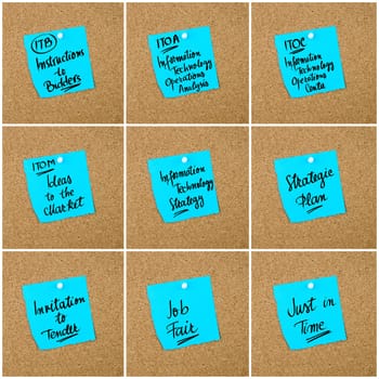 Collage of Business Acronyms written on blue paper note pinned on cork board with white thumbtack, copy space available