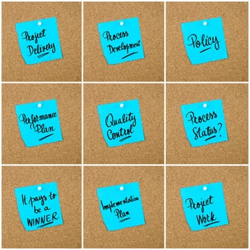 Collage of Business Acronyms written on blue paper note pinned on cork board with white thumbtack, copy space available
