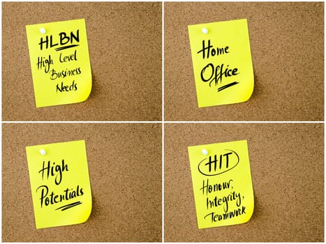 Collage of Business Acronyms written on yellow paper note pinned on cork board with white thumbtack, copy space available