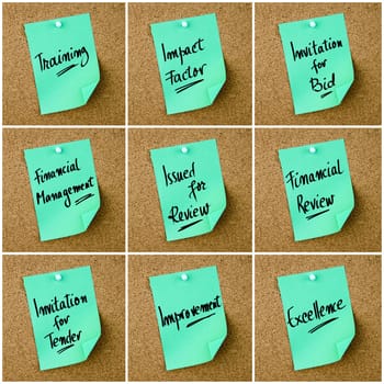 Collage of Business Acronyms written on green paper note pinned on cork board with white thumbtack, copy space available