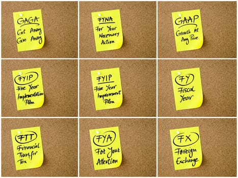 Collage of Business Acronyms written on yellow paper note pinned on cork board with white thumbtack, copy space available
