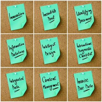 Collage of Business Acronyms written on green paper note pinned on cork board with white thumbtack, copy space available