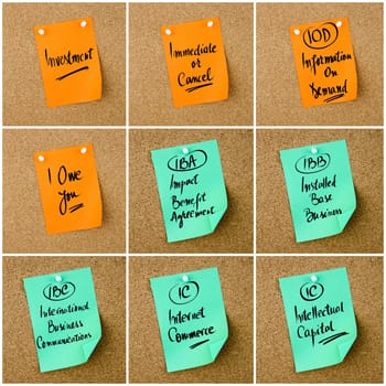 Collage of Business Acronyms written on orange paper note pinned on cork board with white thumbtack, copy space available