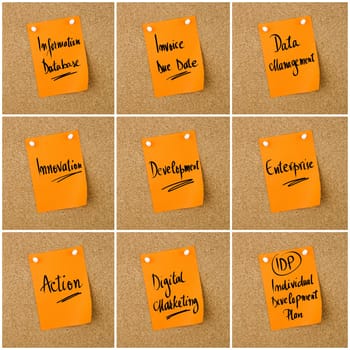 Collage of Business Acronyms written on orange paper note pinned on cork board with white thumbtack, copy space available