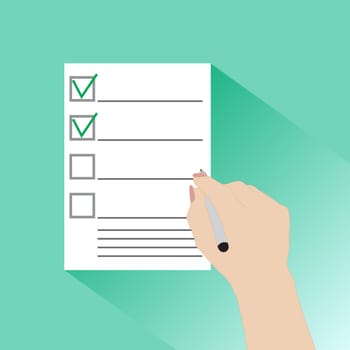 Hand of a businessman holding a questionnaire, contract, agreement, document. Flat illustration style. Vector illustration.