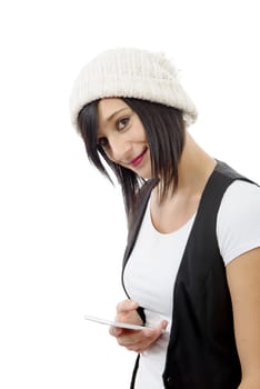 young brunette girl texting with mobile phone isolated on white background