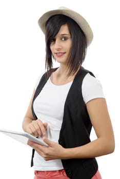 young brunette girl with computer tablet isolated on white background