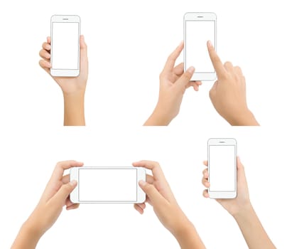 hand hold phone blank screen isolated on white background, mock-up white phone