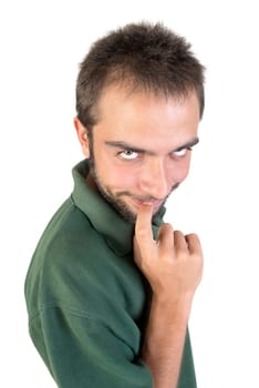 Young man making faces isolated in white